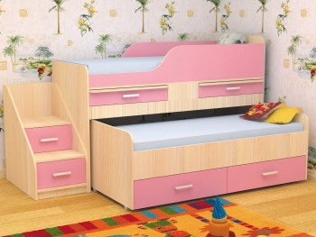 Кровать детская Лесики двухместная 1.8  Дуб молочный/Розовый в Артёмовске - artyomovsk.mebel54.com | фото