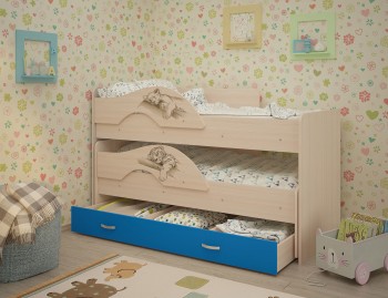 Кровать выкатная Радуга-Сафари детская 1600 Млечный дуб/Голубой в Артёмовске - artyomovsk.mebel54.com | фото