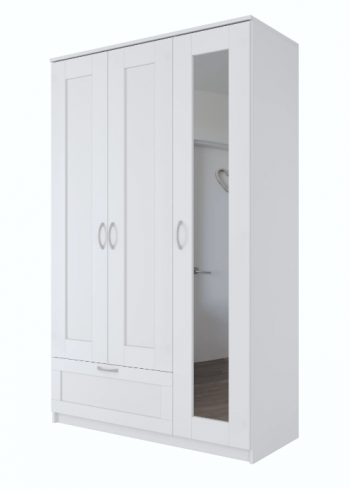Шкаф трехдверный Сириус с зеркалом и 1 ящиком белый в Артёмовске - artyomovsk.mebel54.com | фото